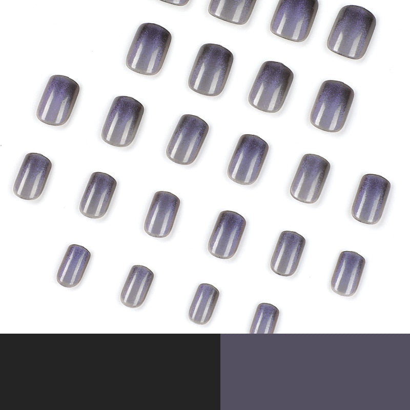 24pcs Purple Cat Eye False Nail Manicure Set Silver Glitter Reusable Acrylic Nail Tips Short Square Head for Girl Nail Art Tips