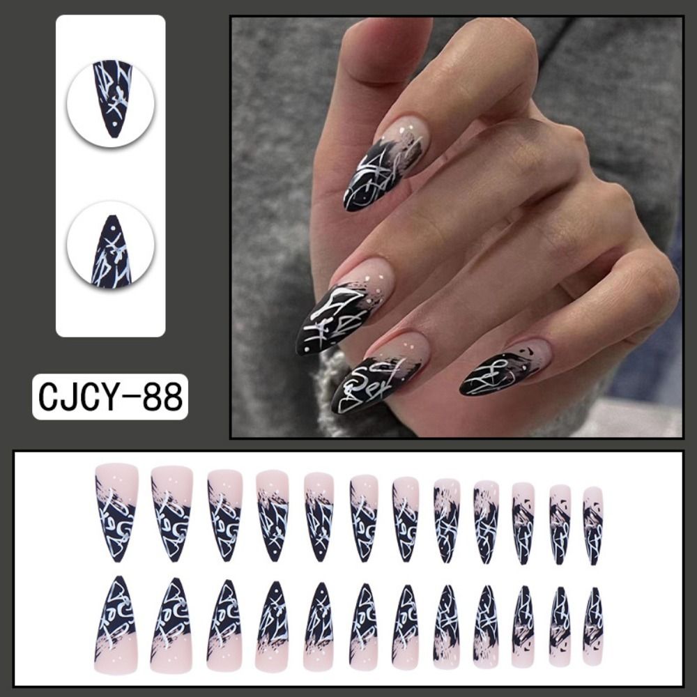 24pcs Long Stiletto False Nails Flower Tree Wearable French Fake Nails Press On Nails Leopard print Design Manicure Tips