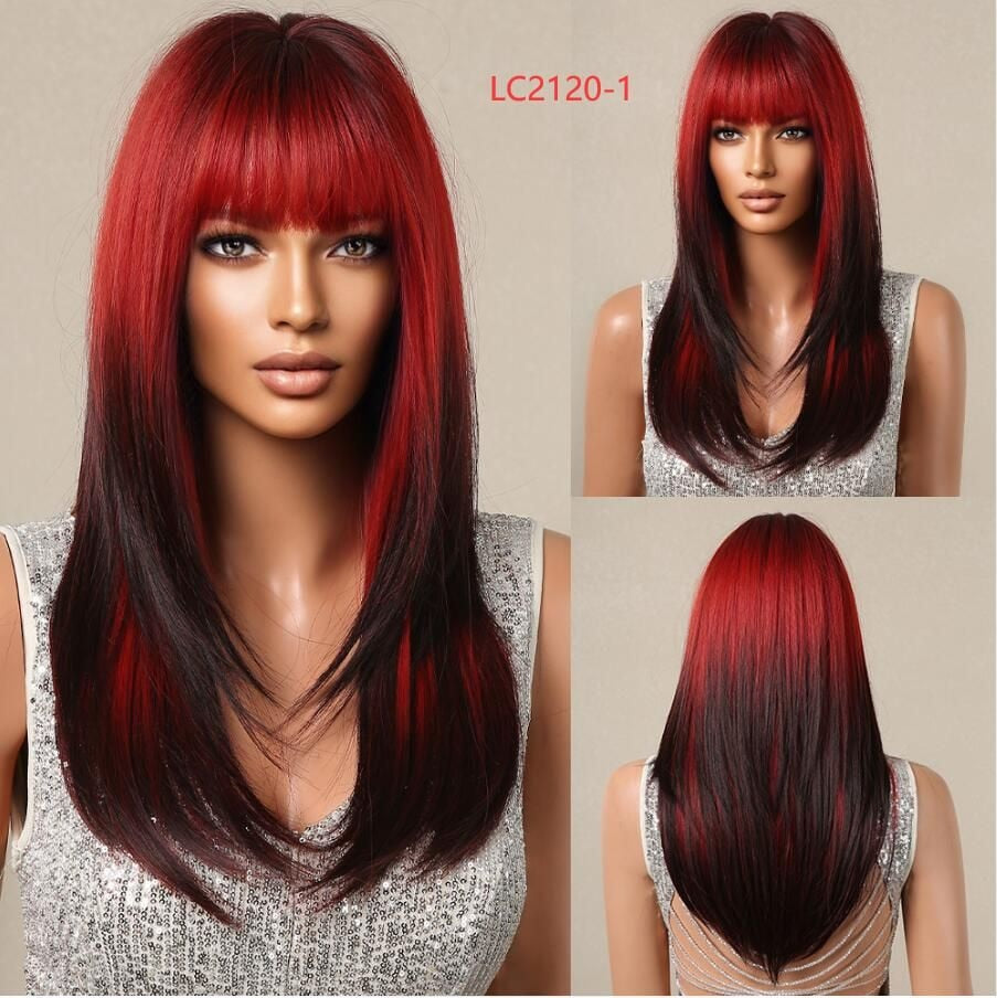 Black Pink Ombre Synthetic Wigs for Cosplay Long Straight Layered Wigs with Bangs for Women Heat Resistant Fake Hair