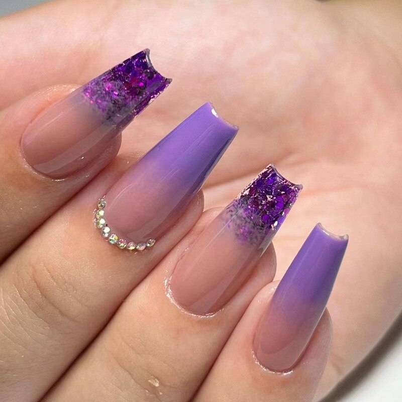 24Pcs Purple Y2K Press on Nails Star Diamond Designs Full Cover Fake Nails Long Coffin Acrylic False Nails