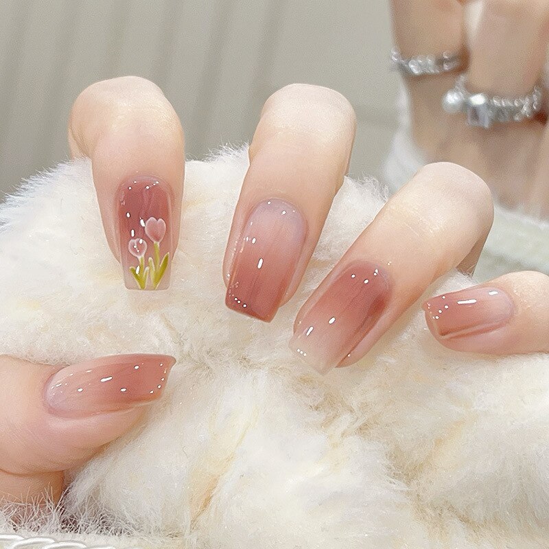 24pcs Long gradient nude false nail with glue simple artifical press on nails acrylic nails natural stick on nails set