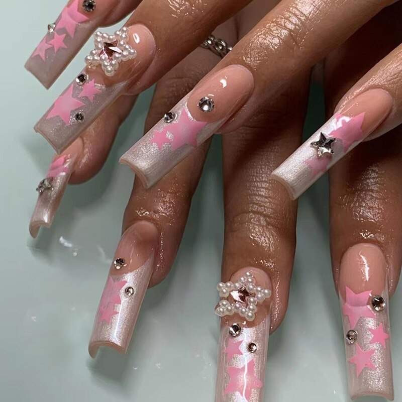 24Pcs Long French False Nails with Glue Pink Flower Design Fake Nails Wearable Ballerina Press on Nails Full Cover Manicure Tips