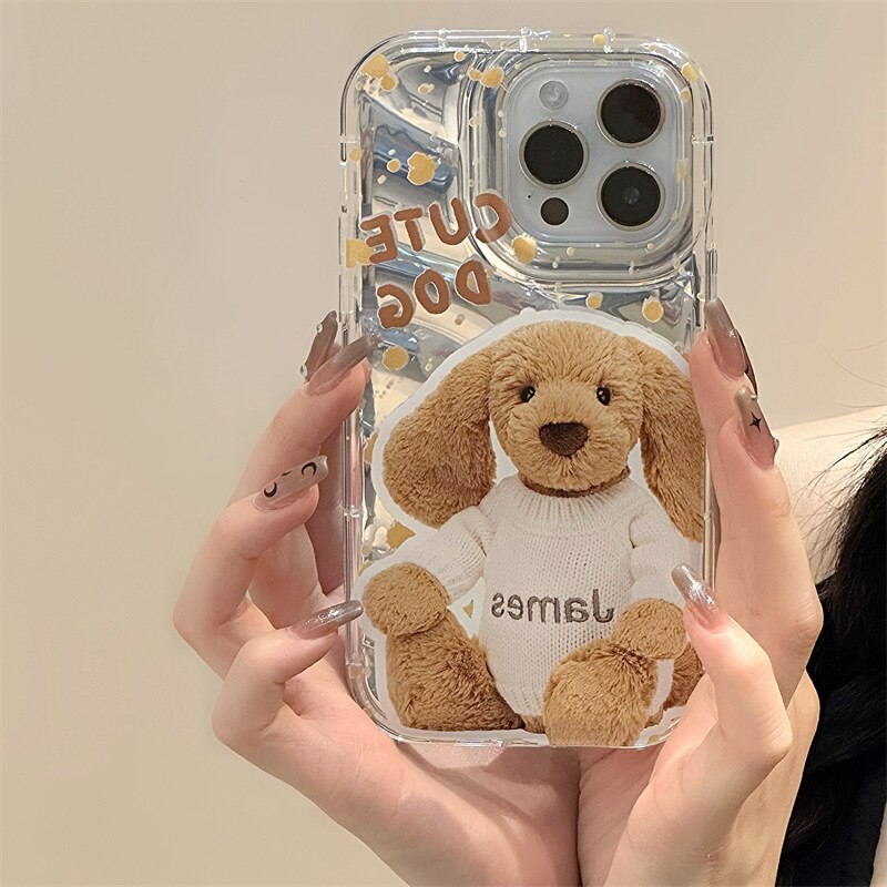 Kawaii Plush puppy doll mirror card transparent Phone Case For iPhone 14 13 12 11 Pro Max Xr Xs 7 8 14 Plus Case Cute Soft Cover