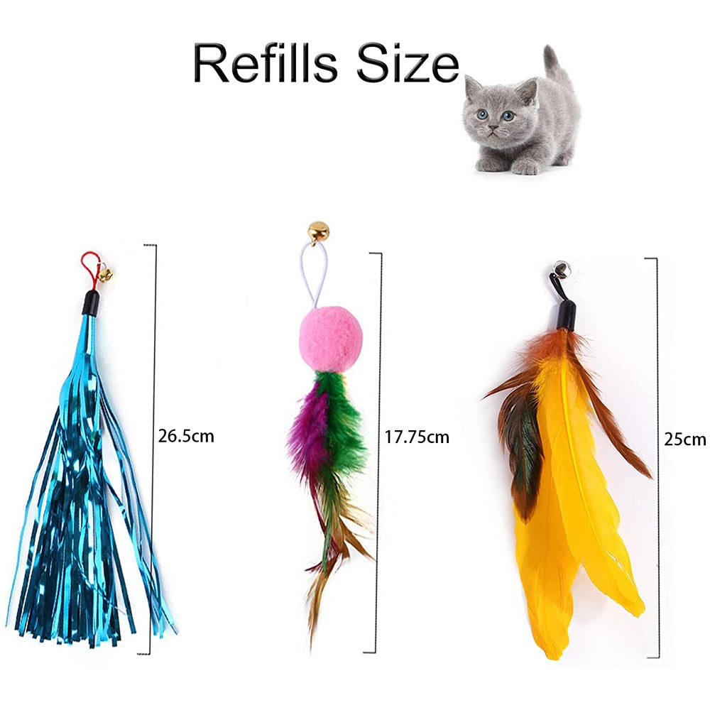 11Pcs Retractable Cat Feather Toy Set Retractable Cat Wand Toys and Replacement Teaser with Bell Refills Cat Toy for Indoor Cats