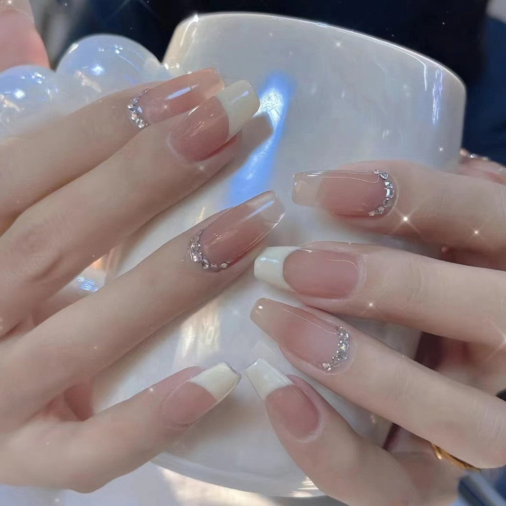 24pcs/box gradient French artifical nails with glue shiny star Fake Nails Lovely Girl korean press on nails ballerina False Nail