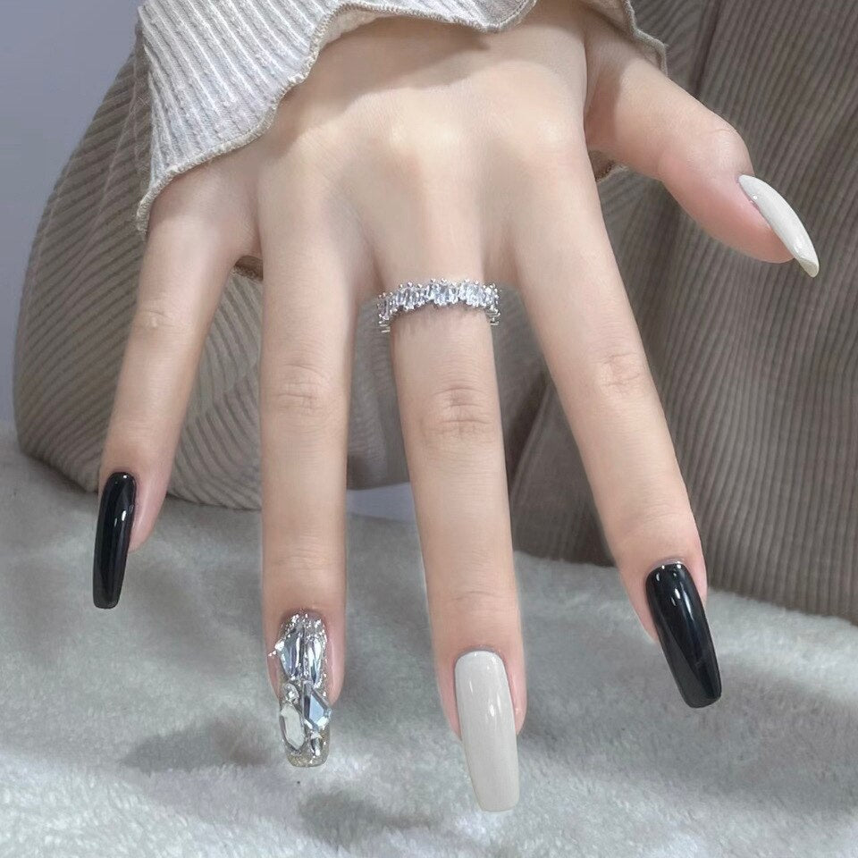 24pcs/Box Long Coffin False Nails Art Rose with Glue Wearable Nude Pink White Color Jelly Nails Tips Full Cover Press On Nails