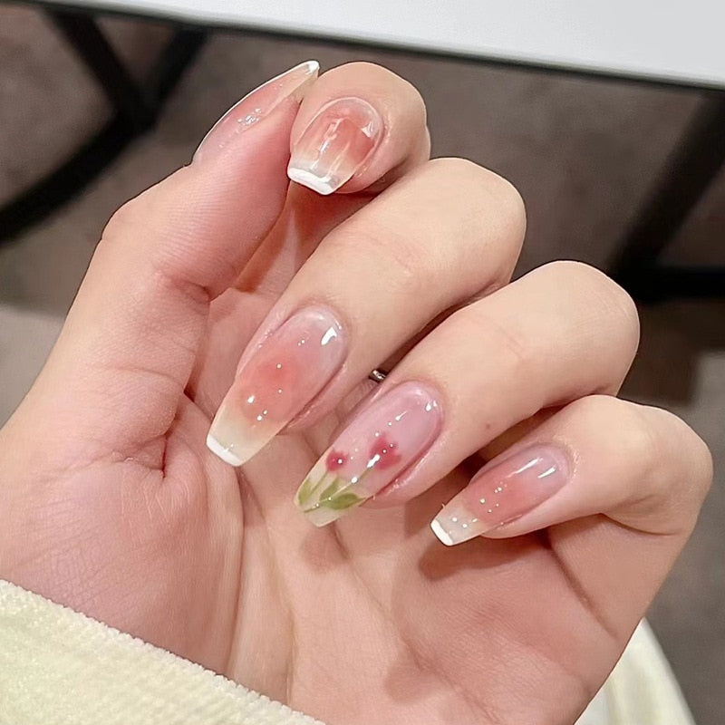 24pcs/box gradient French artifical nails with glue shiny star Fake Nails Lovely Girl korean press on nails ballerina False Nail