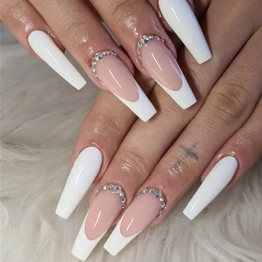 24Pcs Long Coffin White French False Nails Ballerina with Rhinestones Wearable Fake Nails Art Full Cover Press On Nails Tips