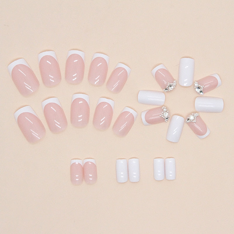 24pcs Short Square Milky White French Nails with Sparkling Diamond Detachable coffin short False Nails Full Cover Press on Nails