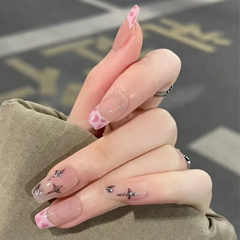 24pcs/box gradient French artifical nails with glue shiny star Fake Nails Lovely Girl korean press on nails ballerina False Nail