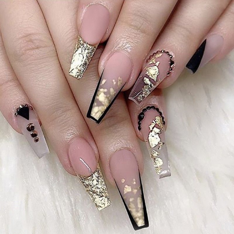 24Pcs Long Coffin False Nails with Glue Wearable Brown Fake Nails with   Rhinestones Ballet Press on Nails Full Cover Nail Tips