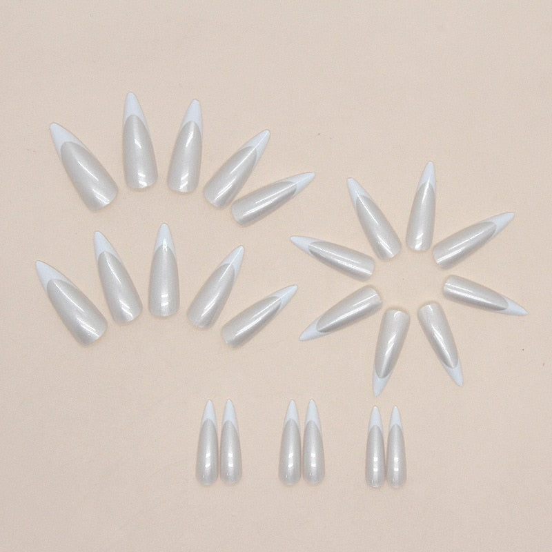 24Pcs Aurora French Finished Fake Fingernails Long Stiletto False Nails Almond Spike Head Press on Nails Manicure Nail Supplies