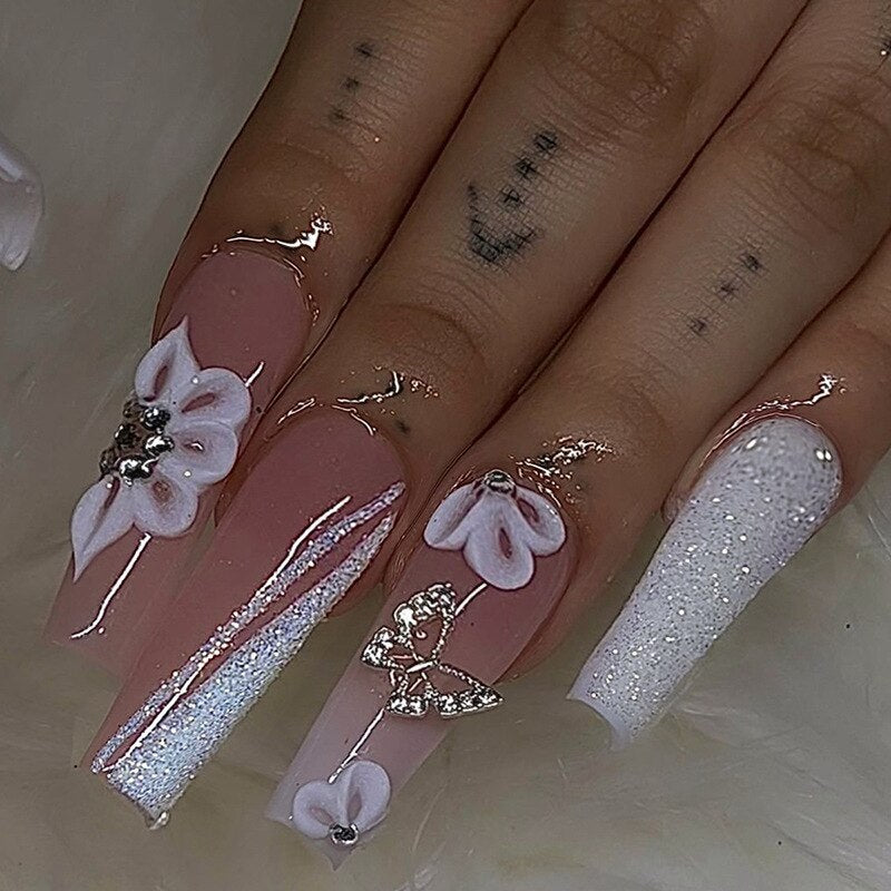 24pcs False Nails with glue flower design Long Coffin French Ballerina Fake Nails Full Cover acrylic Nail Tips Press On Nails