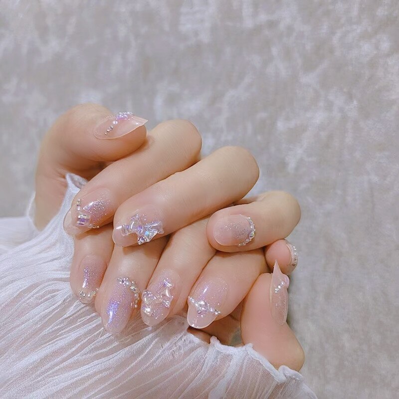 Fake Nails Sets Press on Ballet False Nails with Flower Designs Removable Acrylic Artificial Nails Glitter Nails Art Long Tips