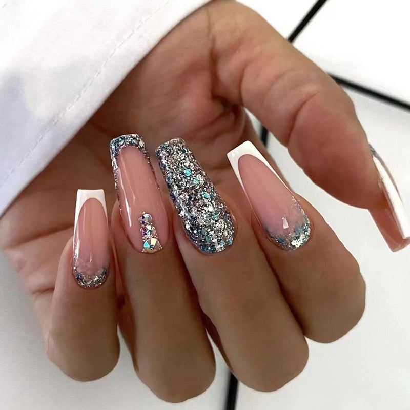 24Pcs White Long Coffin False Nails Glitter Ballet Wearable with French Design Fake nails Full Press on Nail Ins Nail Tips Art