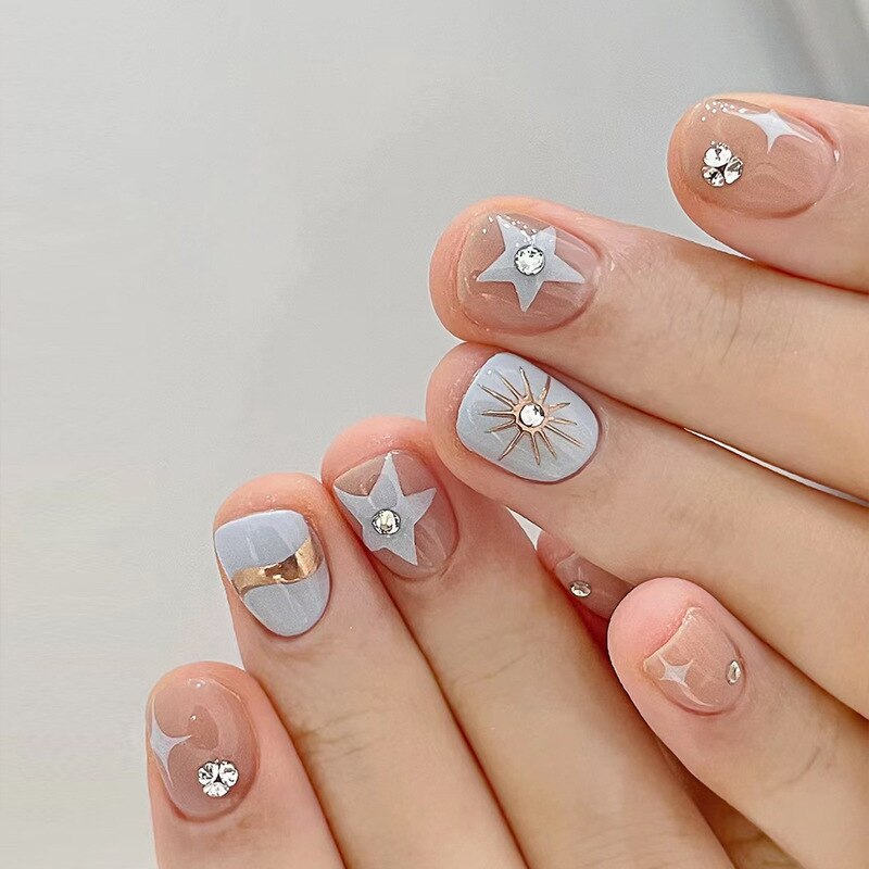 24pcs/box gradient French artifical nails with glue shiny star Fake Nails Lovely Girl korean press on nails ballerina False Nail