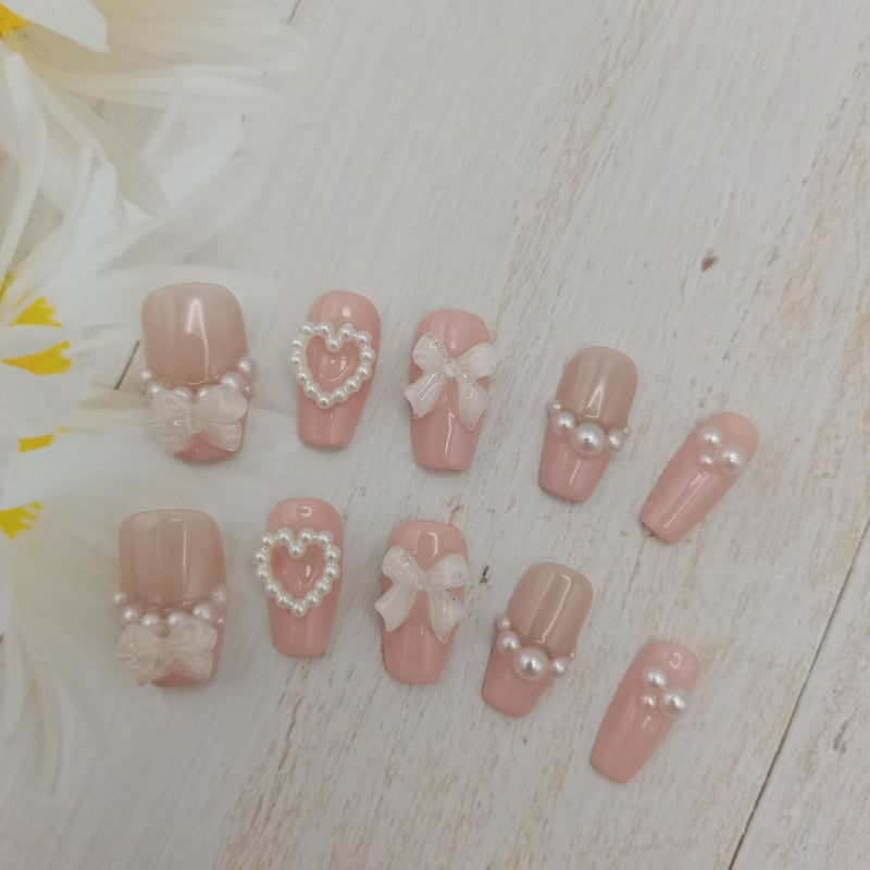 Handmade Custom Made False Nail Art With Pearls And Nows Wearable Nail Pink Almond Style Section Patch Removable Girl Fake Nail