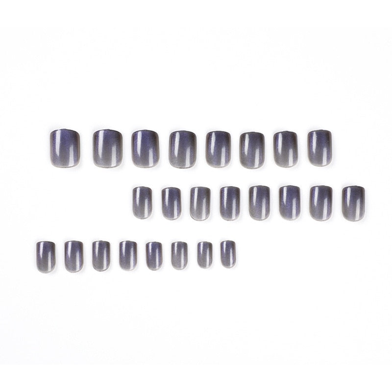 24pcs Purple Cat Eye False Nail Manicure Set Silver Glitter Reusable Acrylic Nail Tips Short Square Head for Girl Nail Art Tips