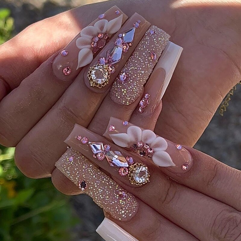 24pcs False Nails with glue flower design Long Coffin French Ballerina Fake Nails Full Cover acrylic Nail Tips Press On Nails