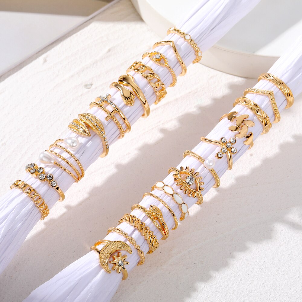 23pcs Hiphop Gold Color Geometric Wheat Rings Set For Women Girls Punk Star Moon Eye Wave Finger Rings Jewelry Party