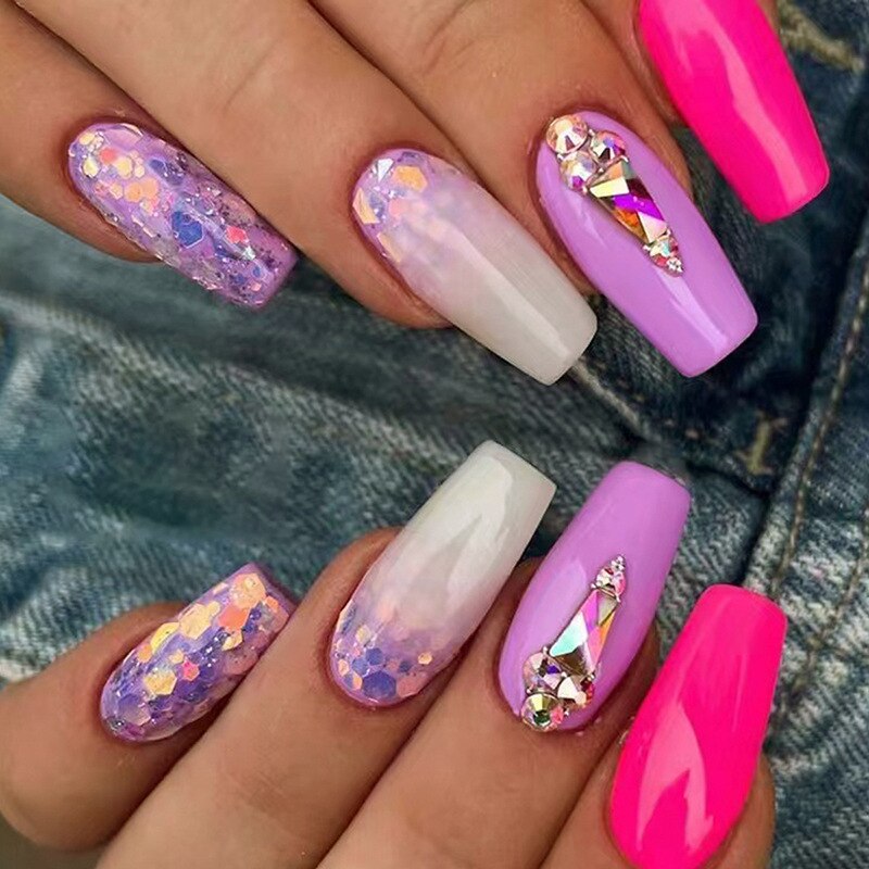 24Pcs Coffin False Nails Purple Butterfly Designs Fake Nails with Shiny Rhinestone Wearable French Full Cover Press on Nails