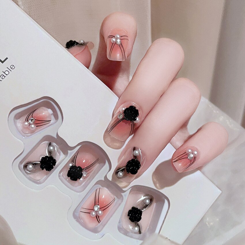 24pcs Wearable korean press on nails short ballet Artificial Nails with glue Cute sweet cool Pearl diamond Designs Fake Nails