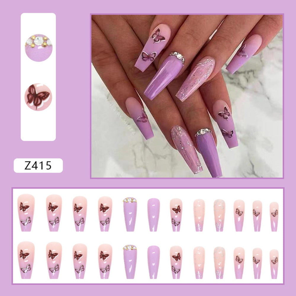 24Pcs Long Coffin False Nails Gold Glitter Sequins Designs Press On Full Cover Fake Nails Tips Wearable Manicure Art