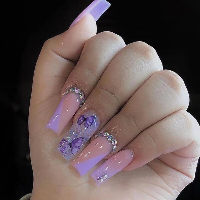 24Pcs Purple Gradient Long Ballet False Nails Flower Design with Glue French Fake Nails Wearable Coffin Press on Nails Tips