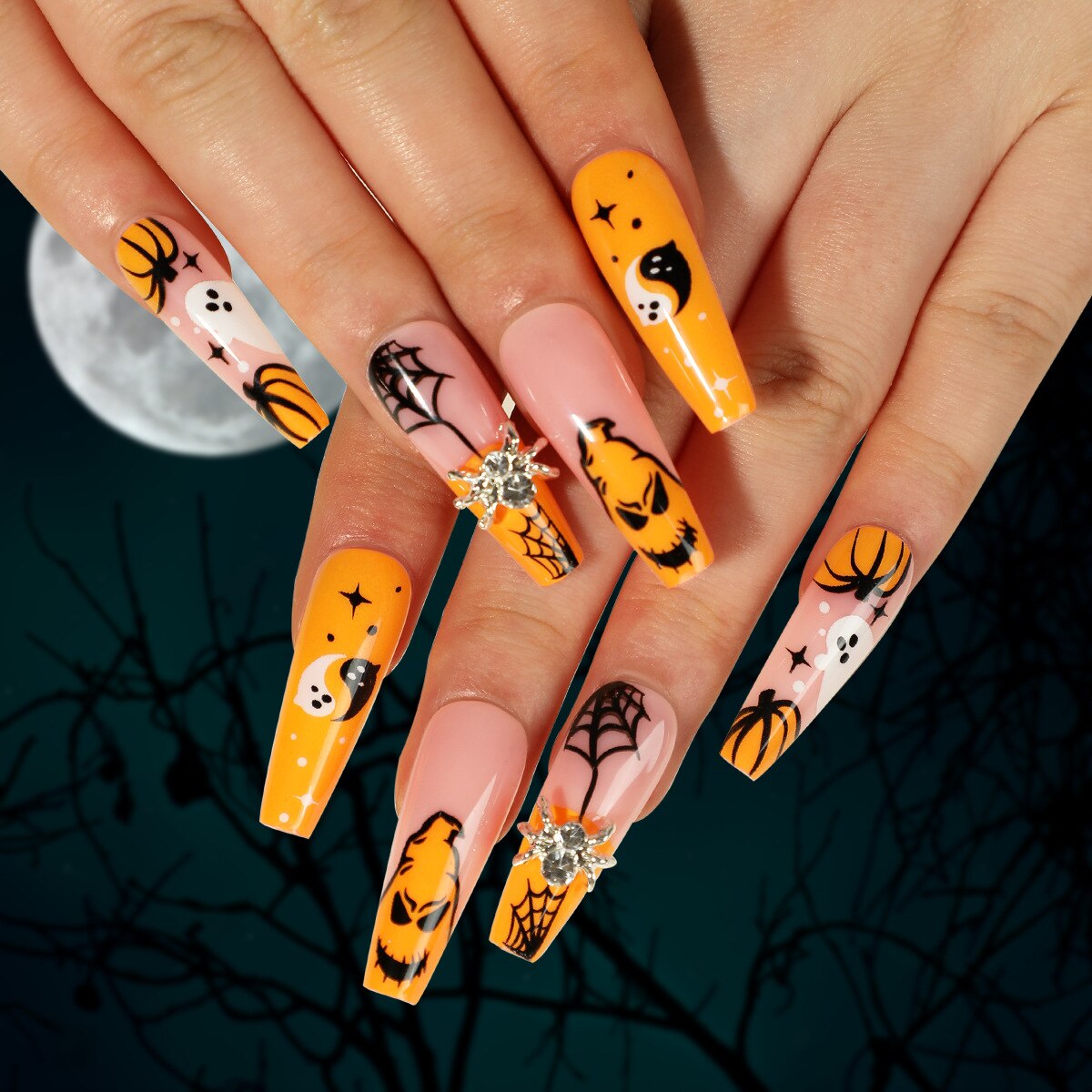 24Pcs Halloween False Nails Long Ballet Fake Nails with Ghost Cobweb Design Pink French Coffin Full Cover Press on Nail Tips