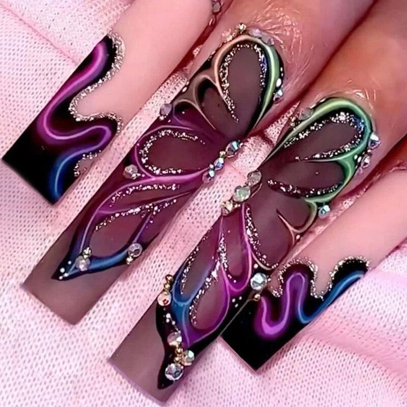 24Pcs Gradient Long Ballet False Nails Butterfly Designs Fake Nails with Rhinestone Wearable Coffin Nail Tip Press on Nails