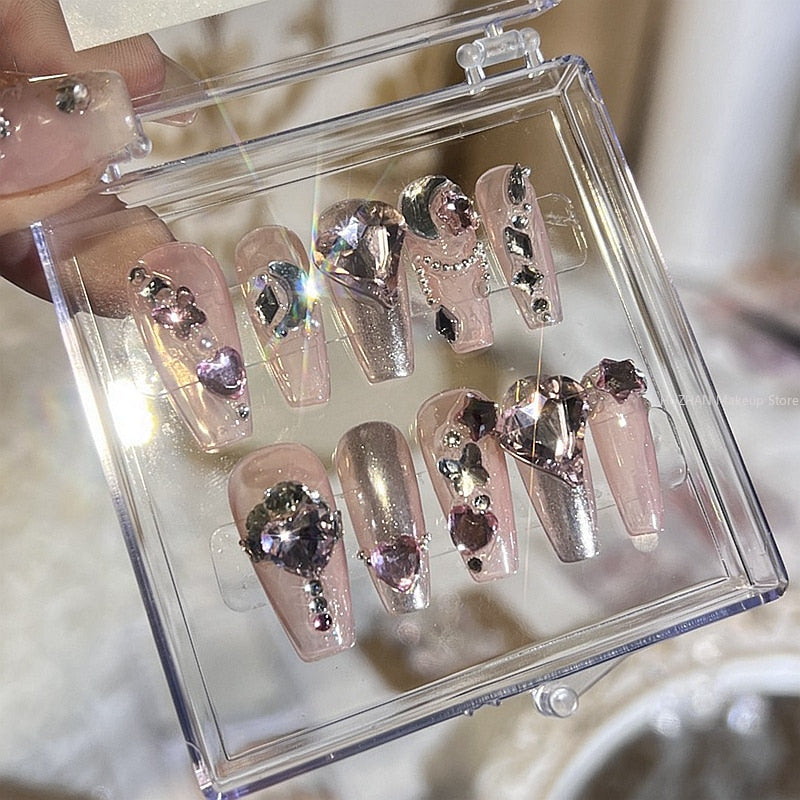 Handmade Luxury Glittery Rhinestone Fake Nail With Glue Flower Press On Nails Art Reusable Short Coffin False Nail Tips Gift