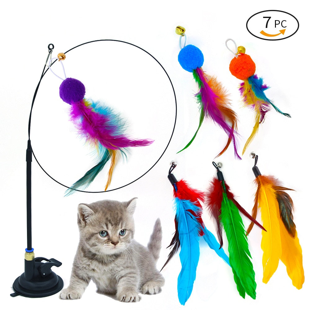 Interactive Cat Toy Handfree Cat Stick Playing Kitten Playing Teaser Wand Toy Suction Cup Bird/Feather Cat Wand Toys Set