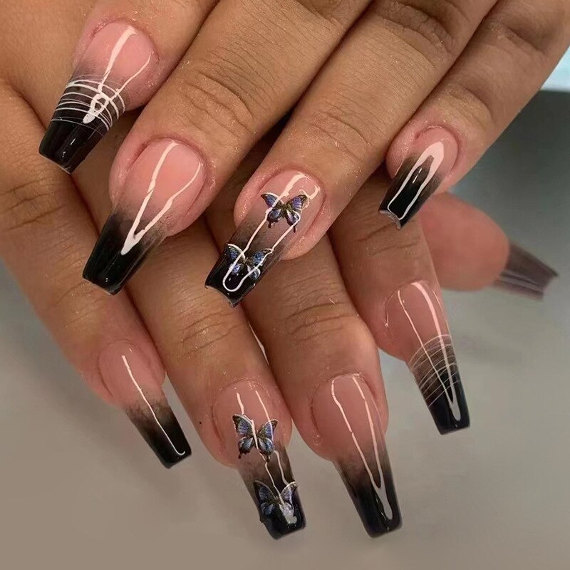 24Pcs Simple False Nails with White Edged Designs Long Ballerina Fake Nails Wearable Coffin French Nails Tips Press on Nails