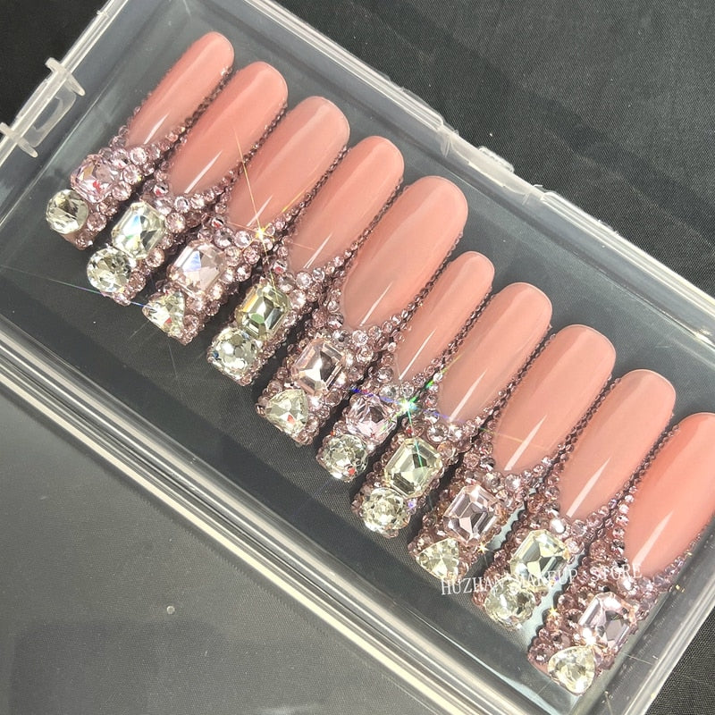 Handmade 3XL Full Cover False Nail Tips Luxury Glittery Rhinestone Press On Nails Y2K Reusable Extra Long Fake Nail With Glue