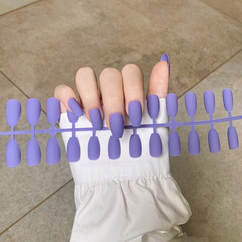 24Pcs/Sheet Matte Fake Nails Full Cover Ballet Fake Nail Elegant Solid Color Long Coffin False Nails Art Artificial Fingernails