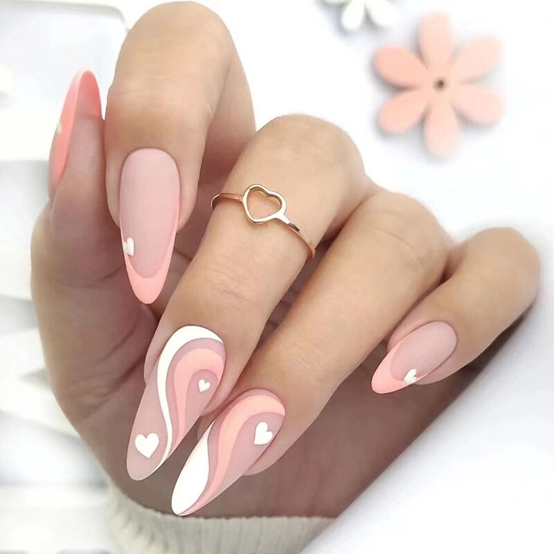 24pc cute pink heart y2k french fake nails with glue press on acrylic nails almond cream white ins artificial nails