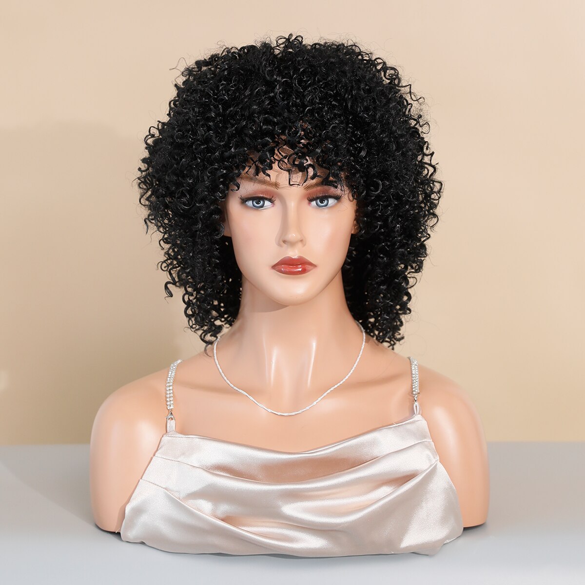 Natural Black Short Curly Hair Wig for Women Heat Resistant Synthetic Wig with Bangs Party Daily Use Afro Female Wig Hair