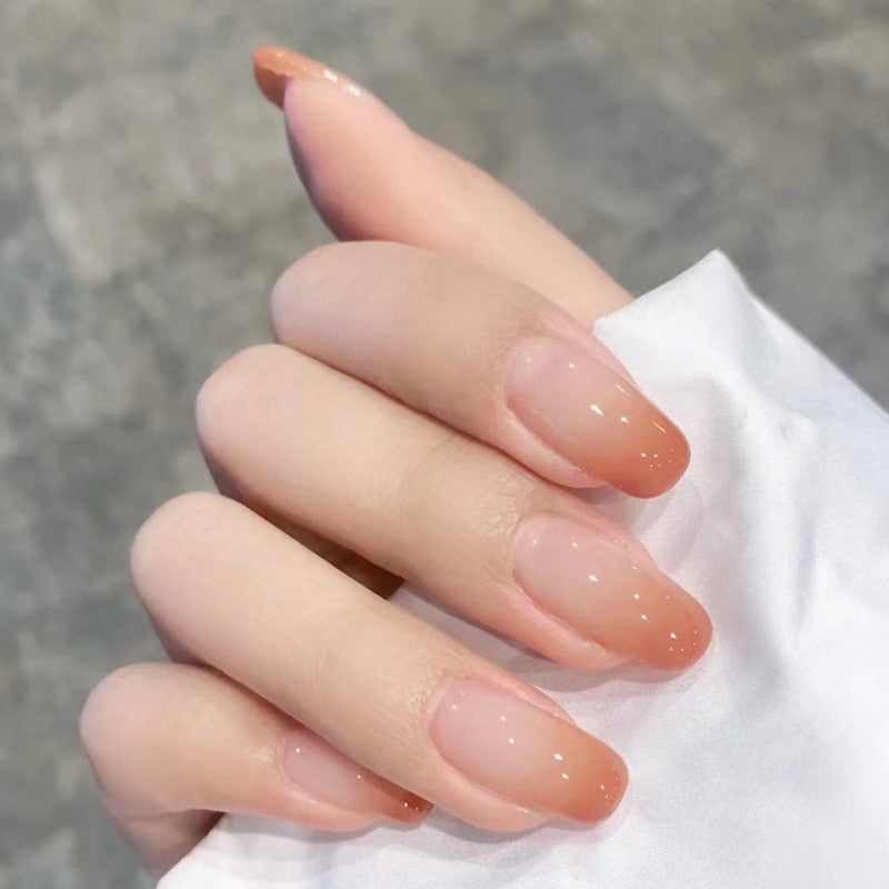 24pcs/Box Long Stiletto False Nails with Glue Red Nude Pink White MilkTea Color Jelly Nails Tips Full Cover Press On Nails