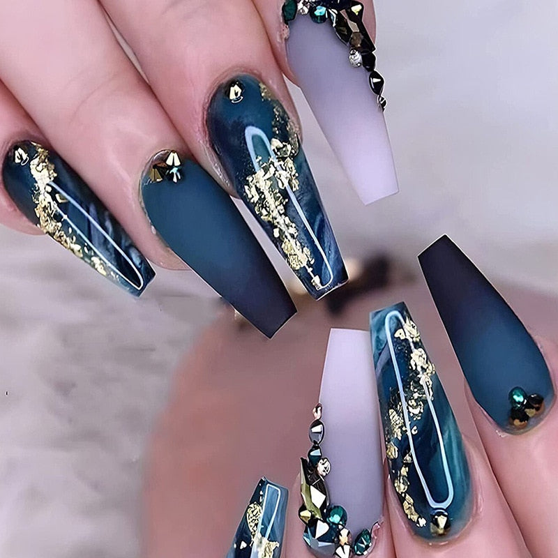 24Pcs Marble Gradient Long Coffin False Nails Detachable Wearable Gold Foil Ballerina Fake Nails Full Cover Nail Tips Press Glue