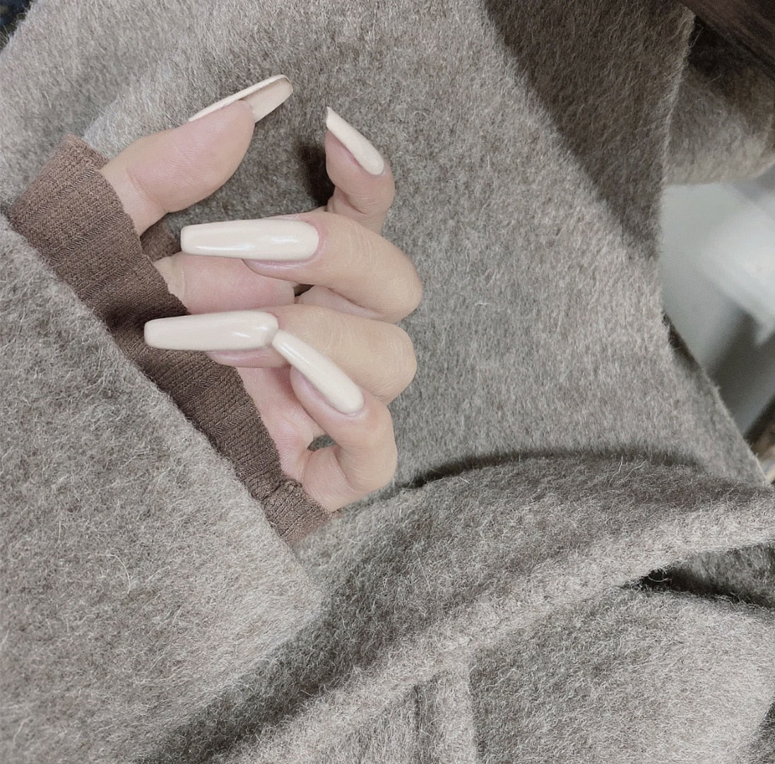 24pcs/Box Long Coffin False Nails Art Rose with Glue Wearable Nude Pink White Color Jelly Nails Tips Full Cover Press On Nails