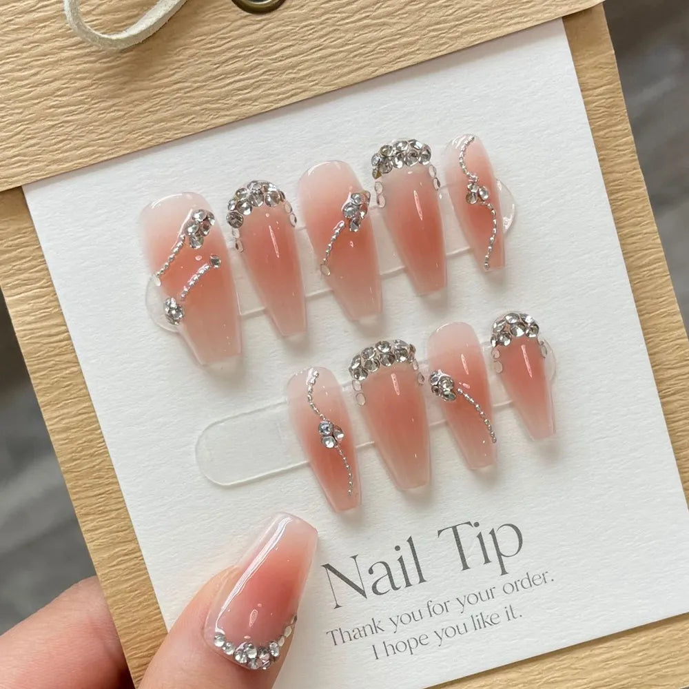 Handmade Pink Press on Nails Long Korean Design Reusable Adhesive False Nails with Charms Full Cover Nail Tips Manicure