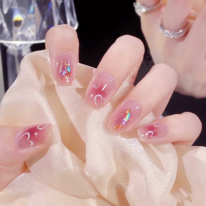 24Pcs Cute Short Square Head False Nails Pink Heart  3D Bow Design Fake Nail with Pearl Rhinestones Full Cover Press on Nail Tip