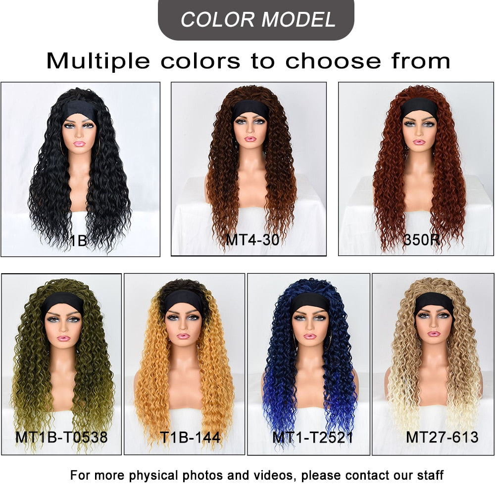 Long Curly Headband Wigs For Black Women 26Inch Water Wave Glueless Synthetic Hair Wigs For Daily Party Use