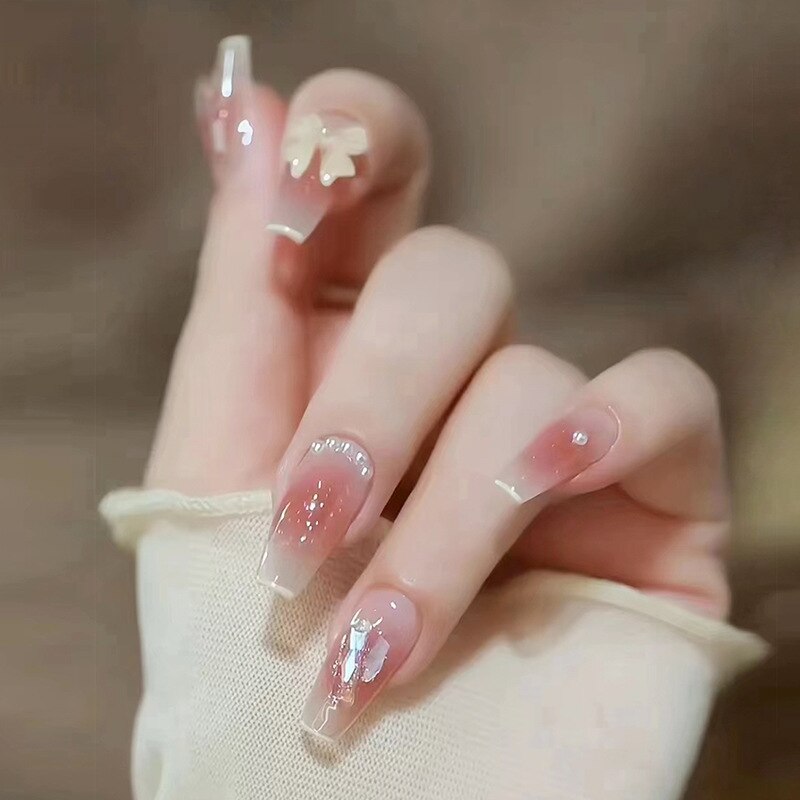 24pc Nude Fake Nails With Design Pearl crystal butterfly full cover white ribbon false nails with glue artificial press on nails