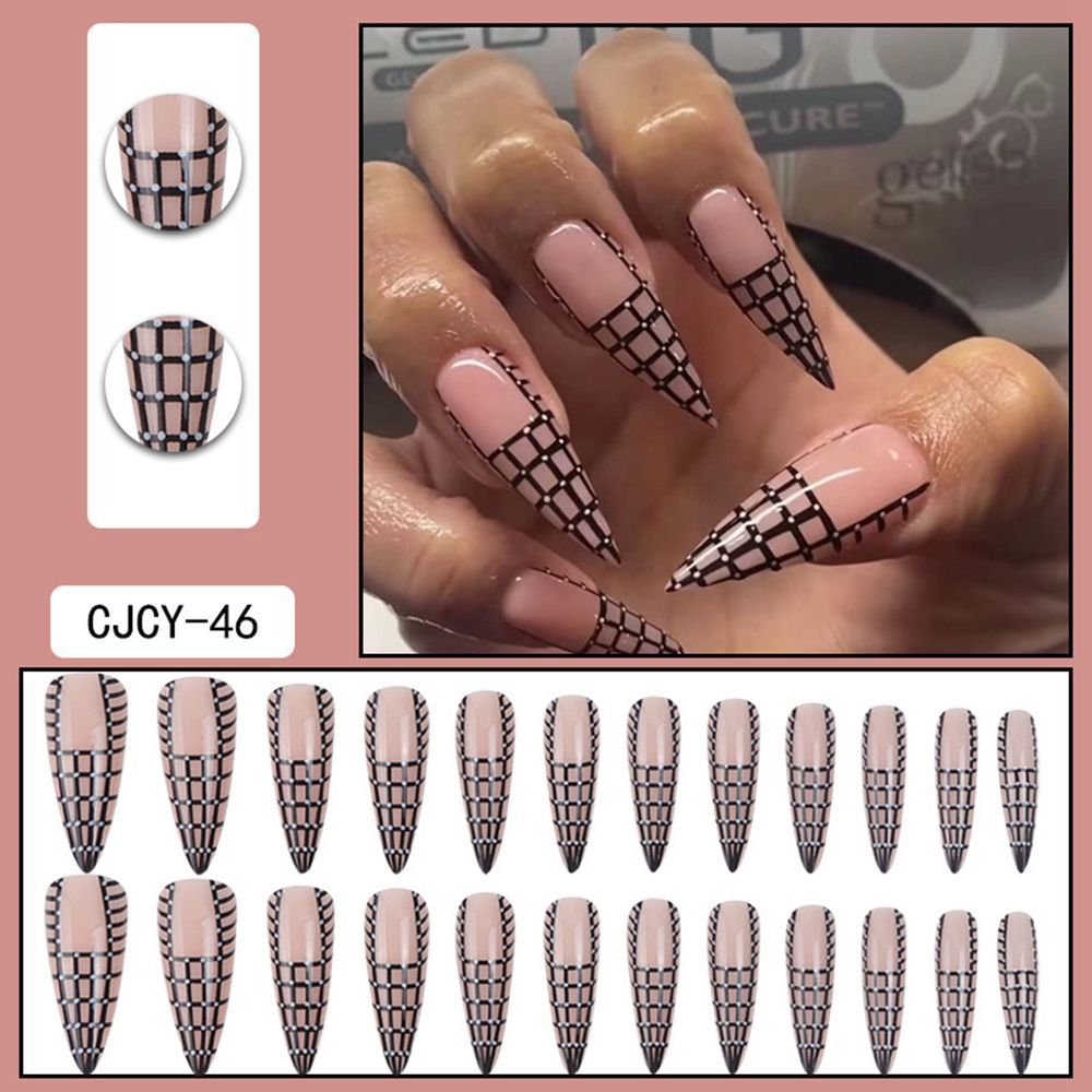 24pcs Long Stiletto False Nails Flower Tree Wearable French Fake Nails Press On Nails Leopard print Design Manicure Tips