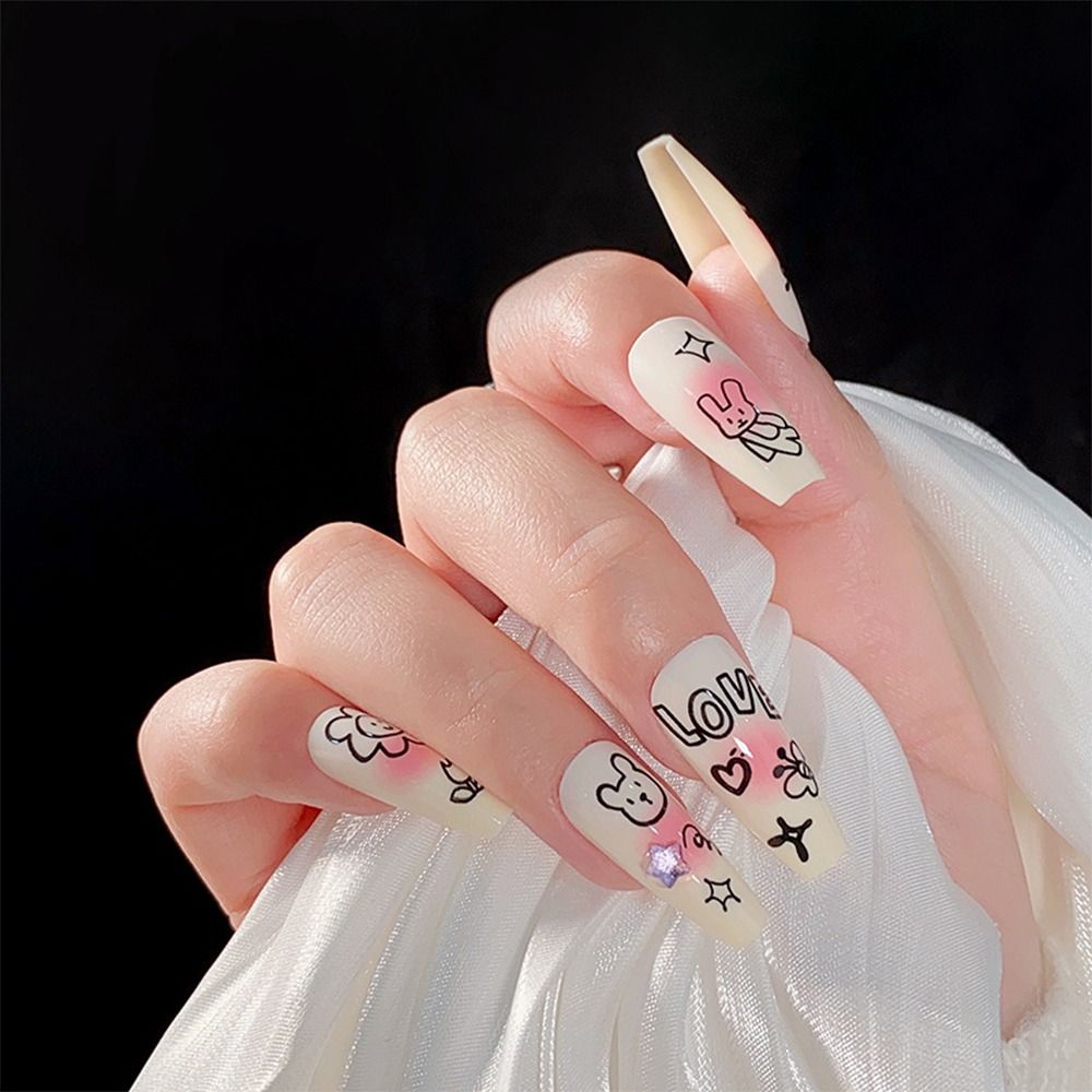 Fake Nails Square 24pcs White French With Rhinestones Artificial Ballerina Nails Manicure Nails Press On Nails False Nails