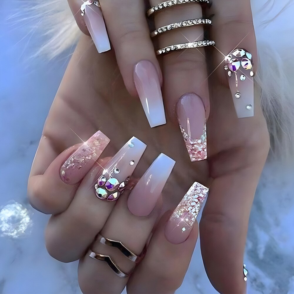 24Pcs Extra Long Ballet False Nails with Rhinestone Acrylic Square Head Fake Nails Heart-shaped Designs Wearable Press on Nails