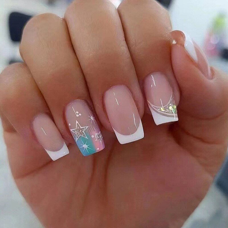 24Pcs Simple False Nails with White Edged Designs Long Ballerina Fake Nails Wearable Coffin French Nails Tips Press on Nails