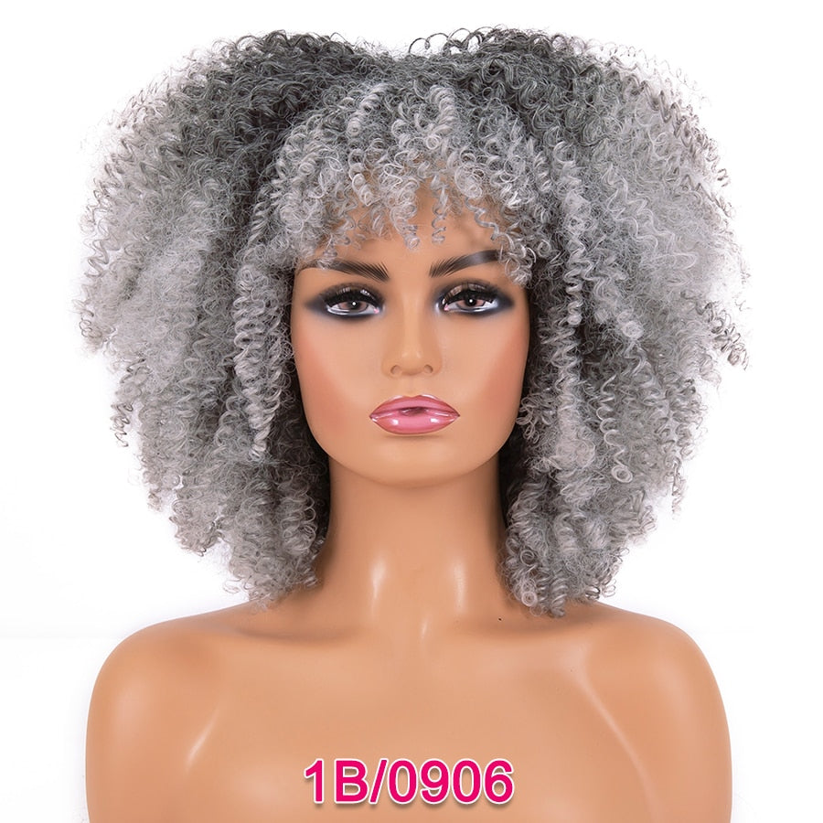 Short Kinky Curly Wigs Pink Blonde Color Curly Afro Wig Short 14 Inch Curly Bob Wig Synthetic Heat Resistant Wigs With Bangs