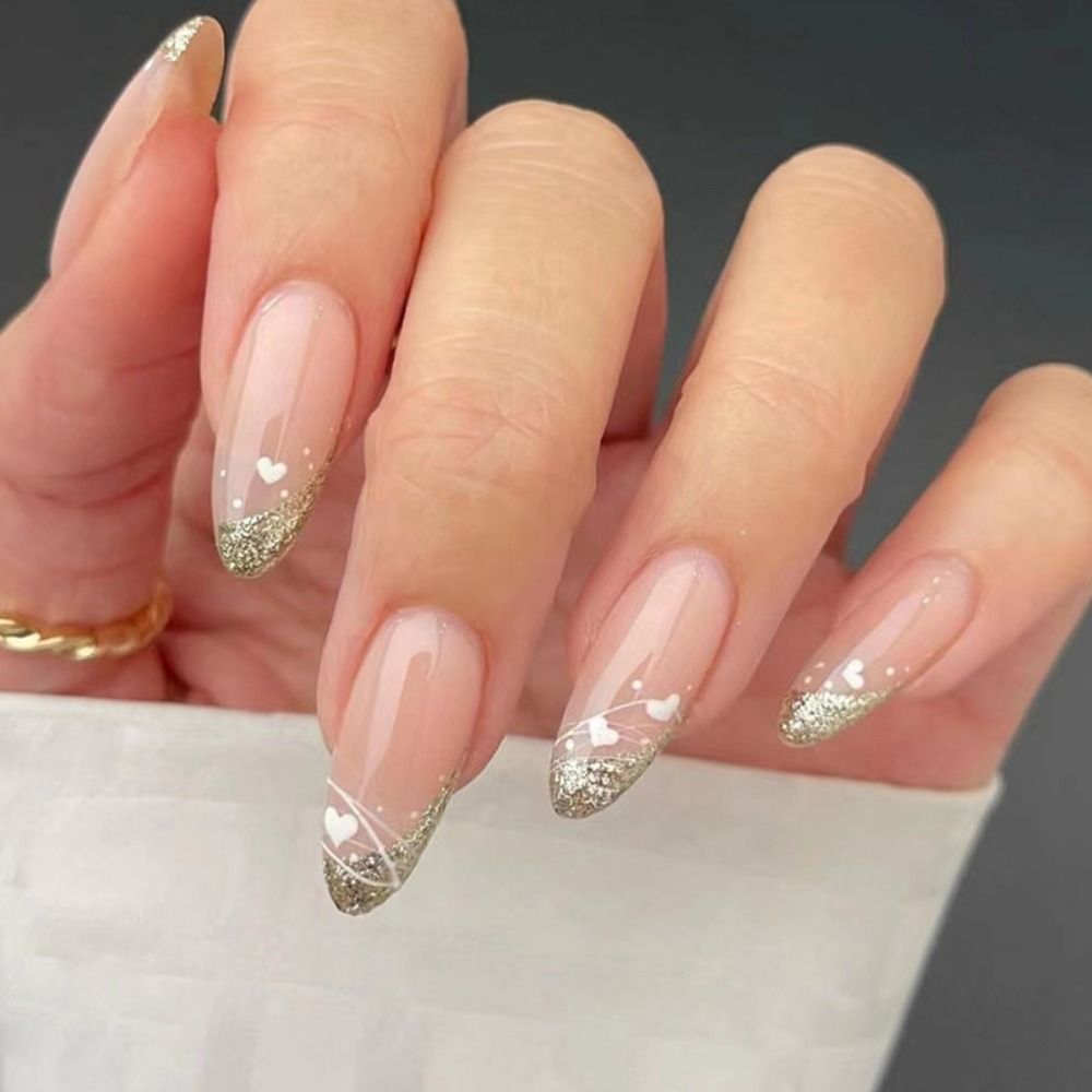 24pcs Detachable Almond French False Nails Glitter Design Press on Nails Fake Nials DIY Manicure Nail Tips